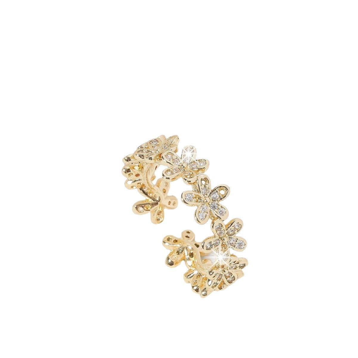 Anello da donna regolabile aperto in rame placcato oro stile pendolare alla moda con intarsio floreale di zirconi