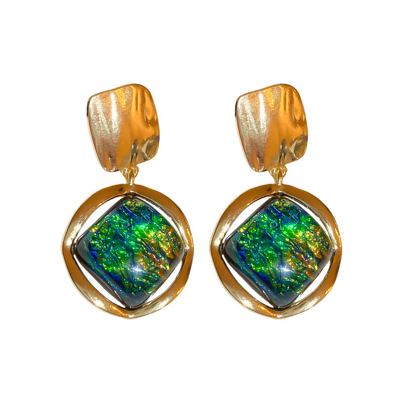 Vintage Geometric Resin Earrings with Stainless Steel Posts in Green Color, Electroplated Alloy, Minimalist Fashion Jewelry for Women