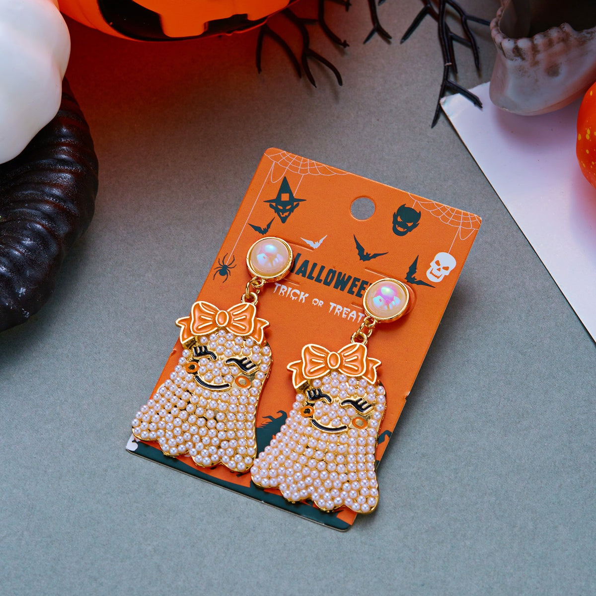 Gothic Cartoon Ghost Alloy Earrings with Inlaid Pearl for Women
