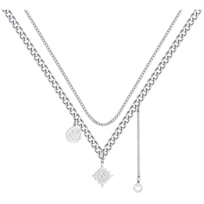 Minimalist Smile Pendant Necklace in Polished Titanium Steel for Women and Men, Geometric Design Layered Clavicle Chain