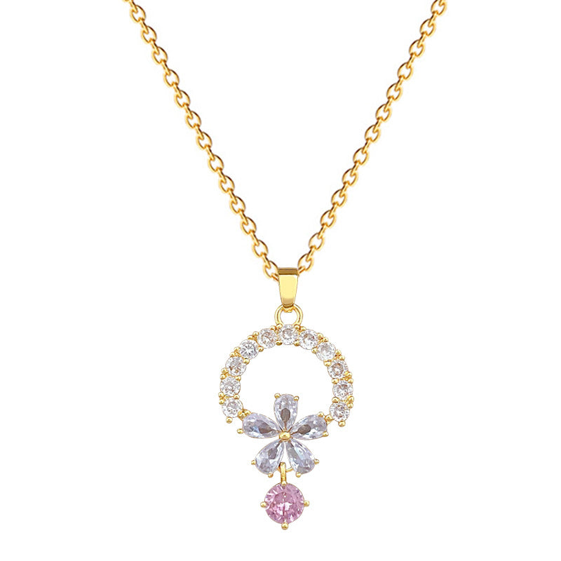 Sweet Round Floral Cubic Zirconia Titanium Steel Necklace with Tassel for Unisex