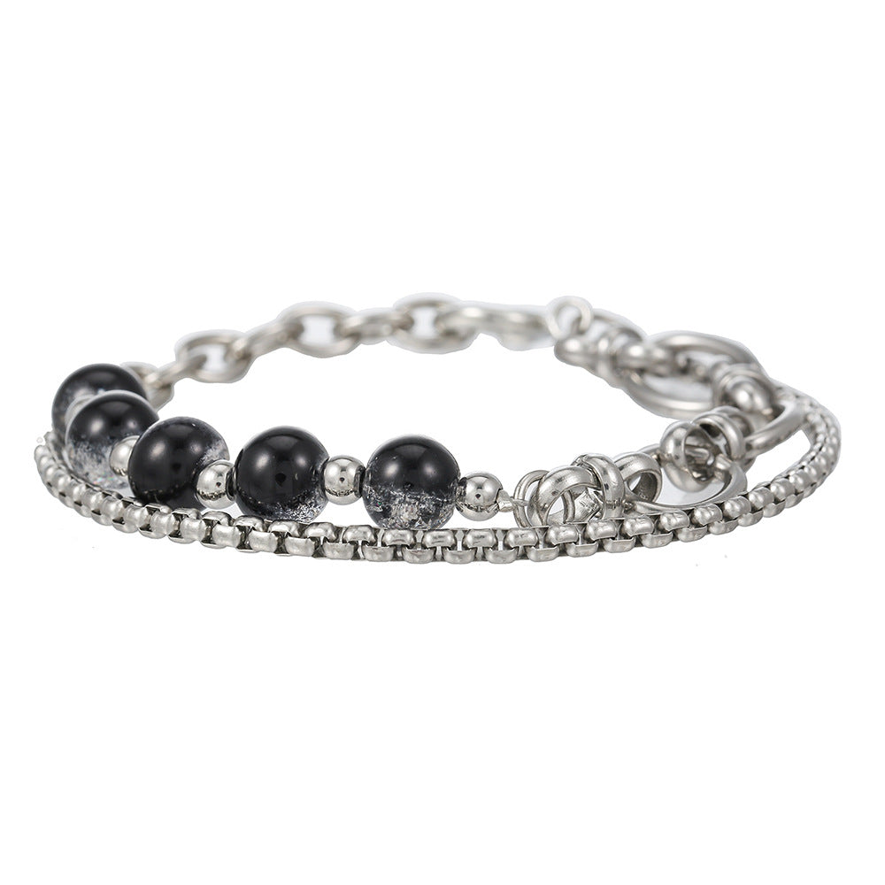 Minimalist Hip-hop Double Layer Stainless Steel Cable Chain Bracelet with Crackle Beads