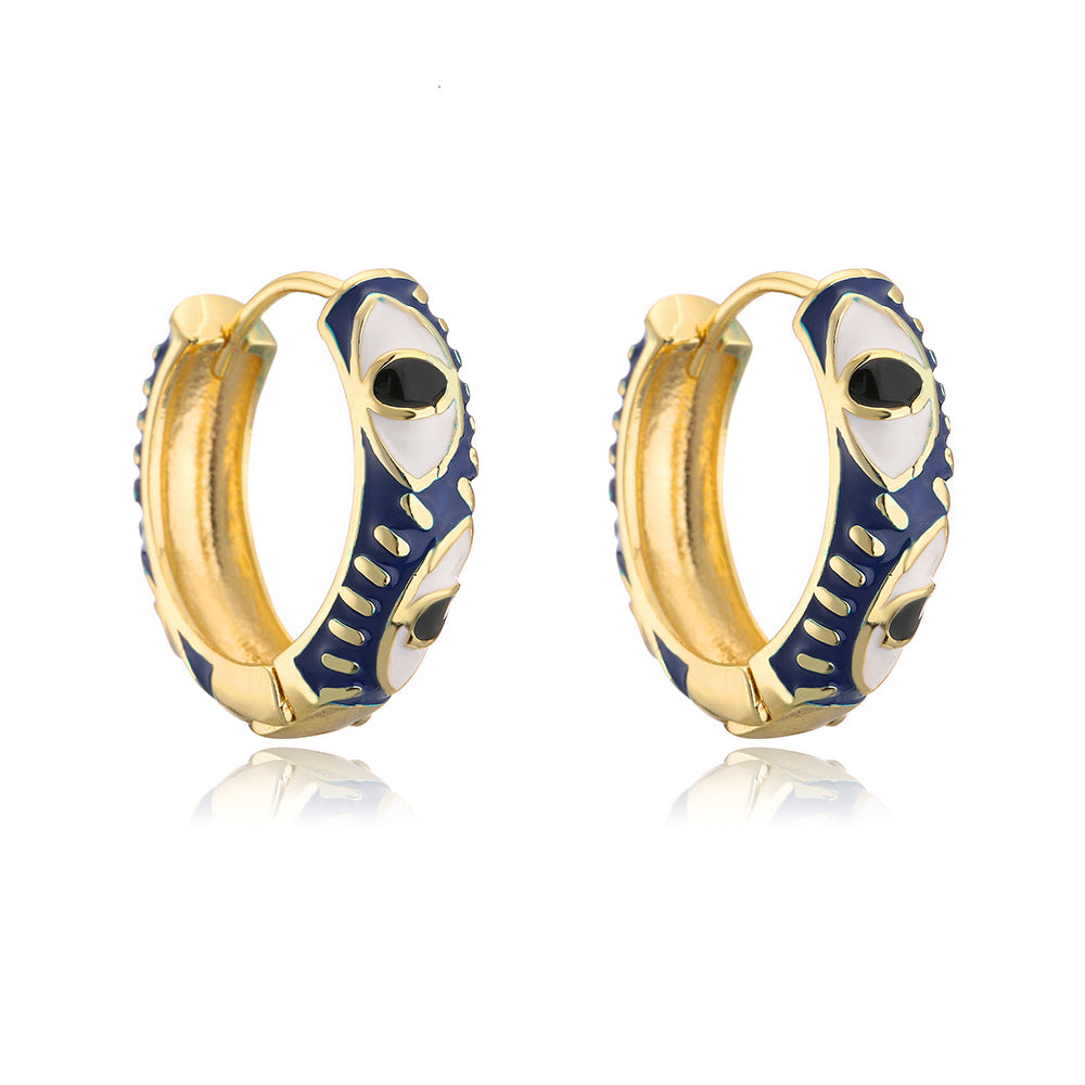 Bohemian Style Geometric Copper Hoop Earrings with 18K Gold Plating and Enamel Eye Detail for Women