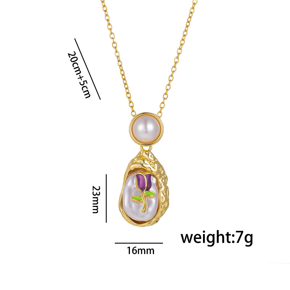 Elegante collana con ciondolo floreale vintage francese smaltato con conchiglia di abalone e catena in acciaio al titanio a forma geometrica