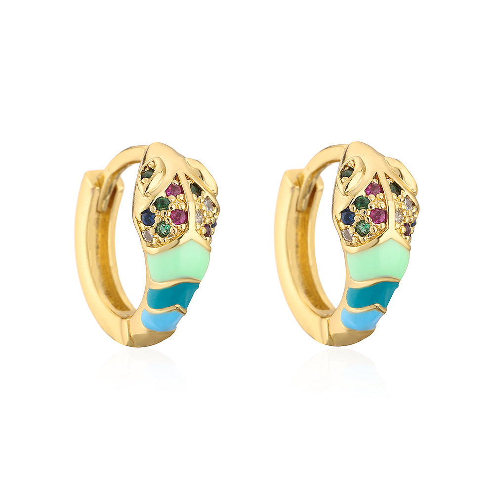 Orecchini geometrici minimalisti in rame con placcatura in oro 18 carati e intarsi colorati di zirconi e finitura smaltata da donna