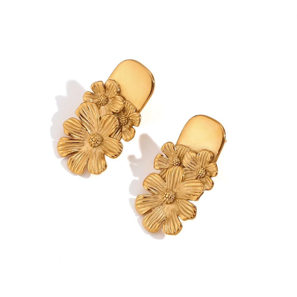 Vintage Floral Style Geometric Stainless Steel Earrings with 18K Gold Plating for Women
