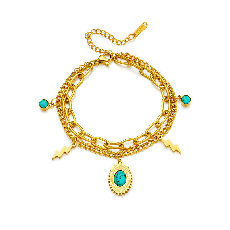 Bracciale da donna vintage minimalista a doppio strato in acciaio al titanio con turchese ovale e fulmine