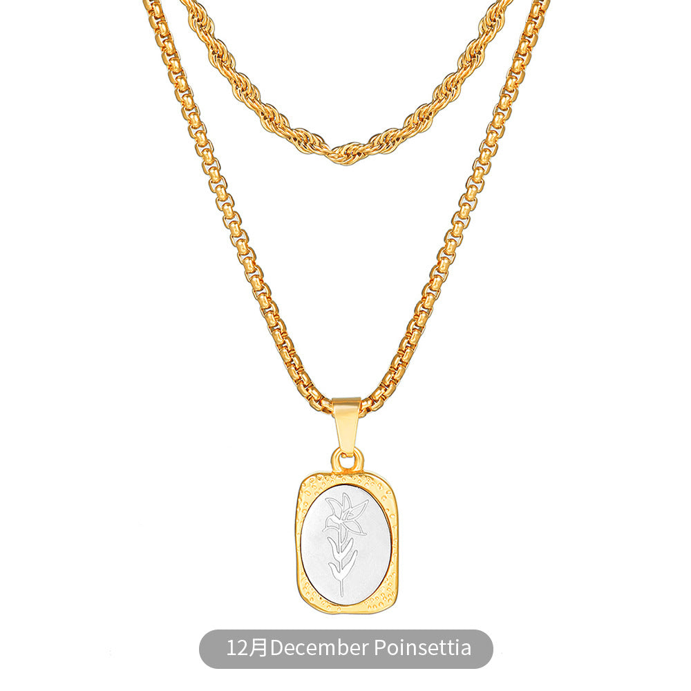 Vintage Two-Tone Gold and Silver Plated Stainless Steel Square Rose Pendant Necklace with Box Chain for Women