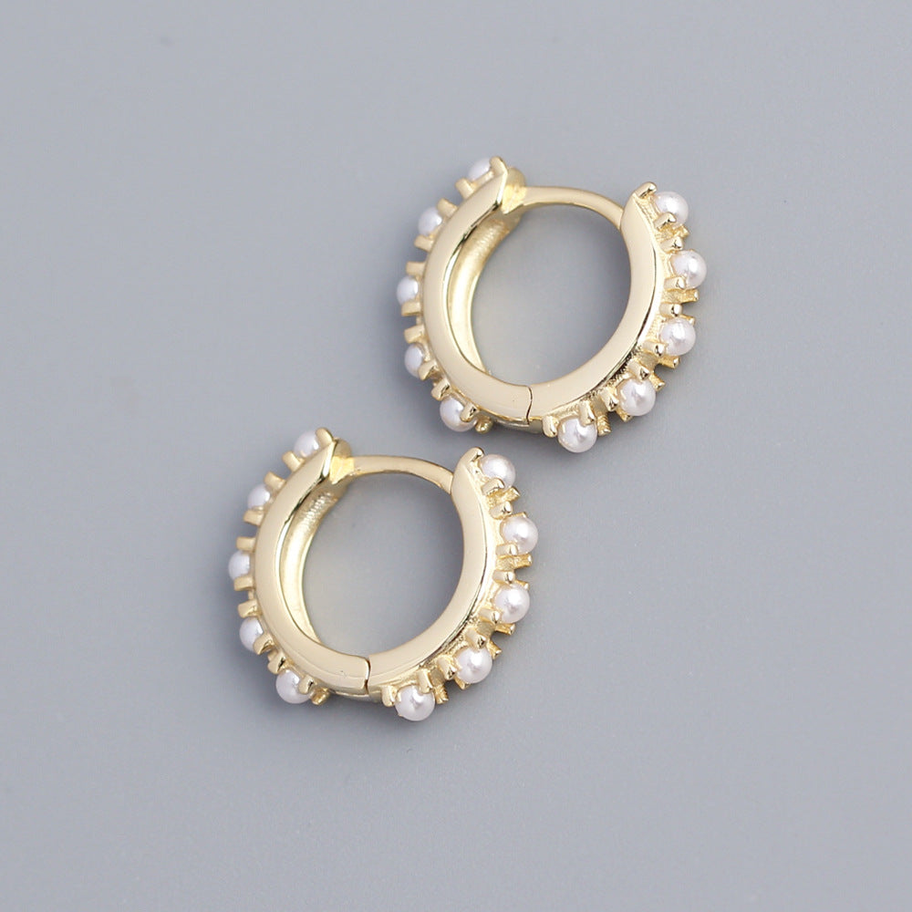 Elegantes pendientes de aro de plata de ley 925 con perlas incrustadas, redondos y geométricos, para mujer