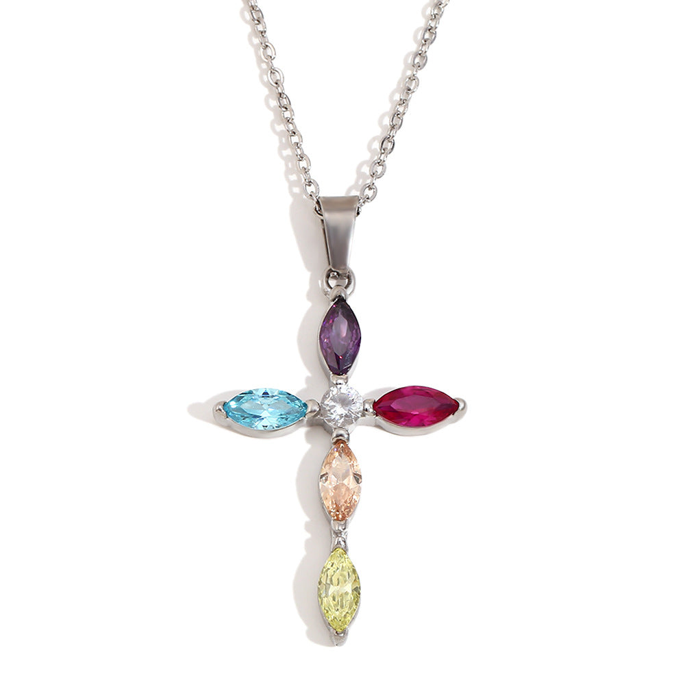 Elegant Business 18K Gold Plated Cross Cubic Zirconia Necklace Stainless Steel Titanium Steel Pendant Cable Chain for Women