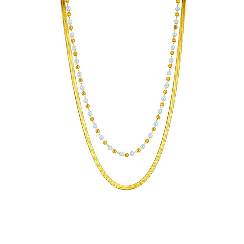 Geometric Irregular Metal Beaded Titanium Steel Flat Snake Chain Double Layer Necklace for Women