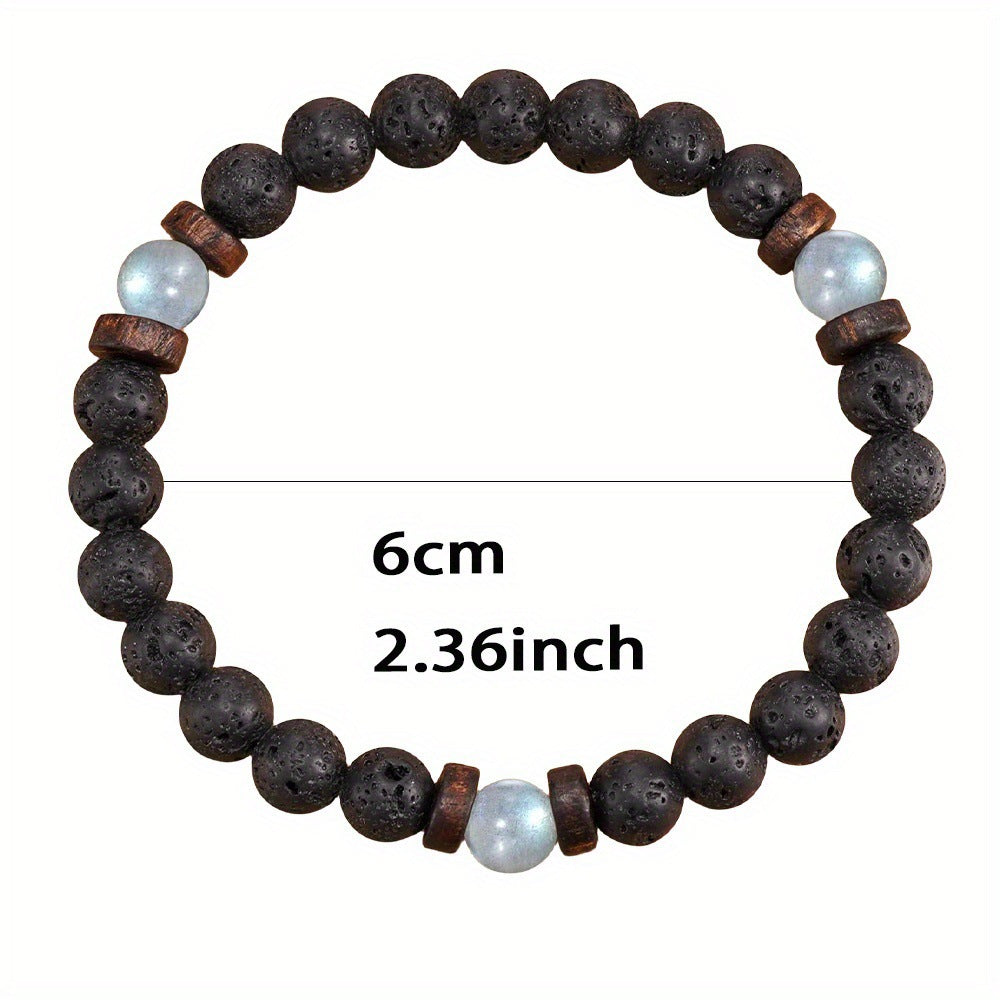 Sweet Geometric Black Volcanic Agate Moonstone Bracelet Unisex Elastic String Handmade Gift
