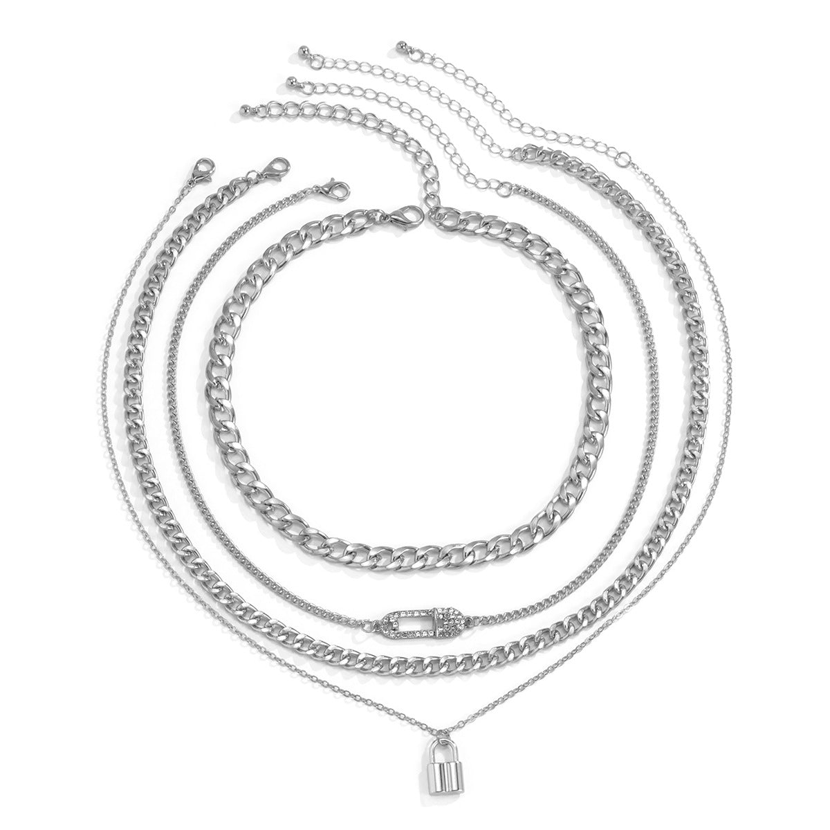 Punk Geometric Letter Number Rhinestone Inlay Alloy Plated Snake Chain Choker Necklace Set