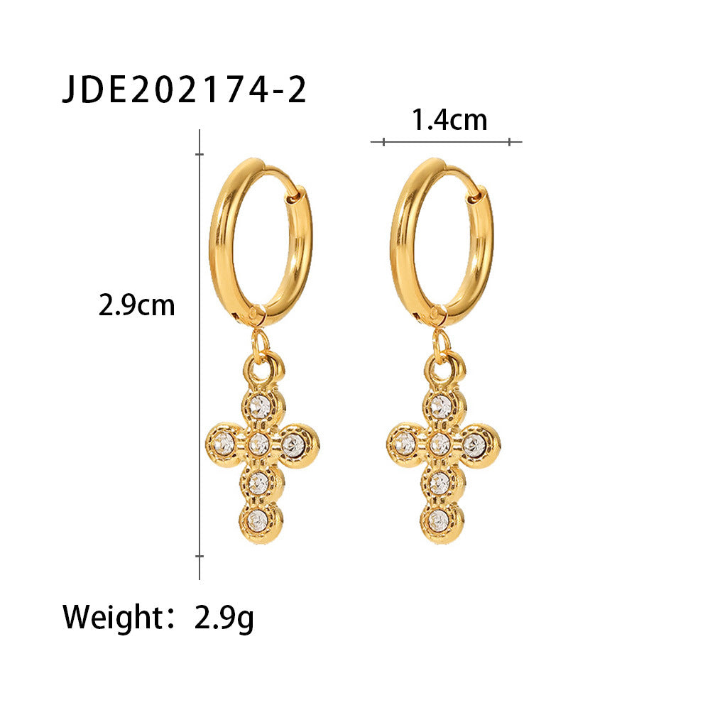 Pendientes de titanio con diseño geométrico de estilo francés con colgante de cruz chapado en oro de 18 quilates para mujer