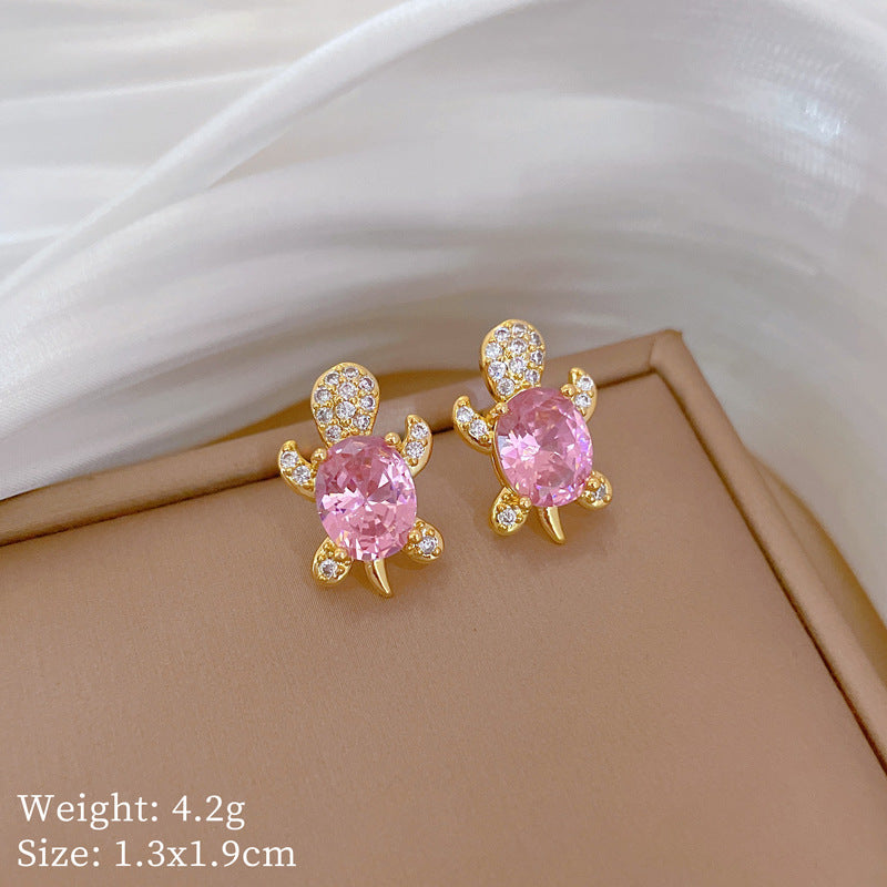 Luxury Sweet Fresh Titanium Steel Geometric Turtle Necklace and Earrings Set with Rhinestones