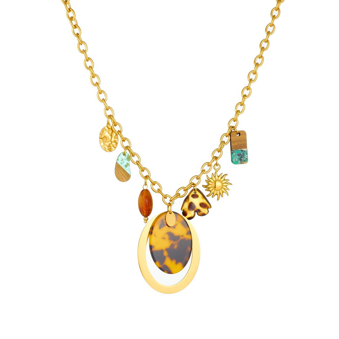 Vintage Gold Plated Geometric Oval Leopard Print Stainless Steel Pendant Necklace for Women