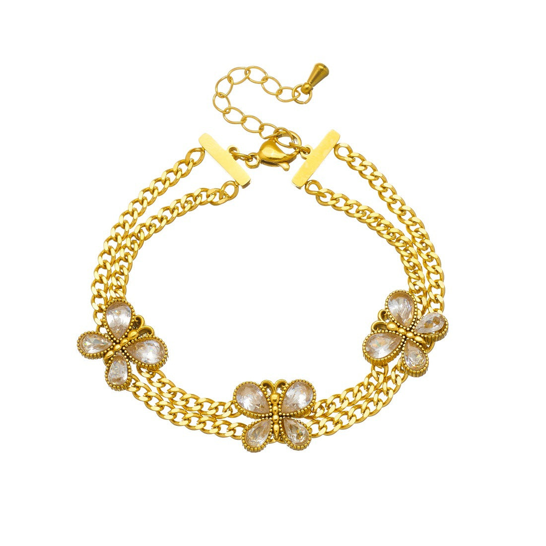 Gold Plated Stainless Steel Butterfly Rhinestone Double Layer Chain Bracelet for Women