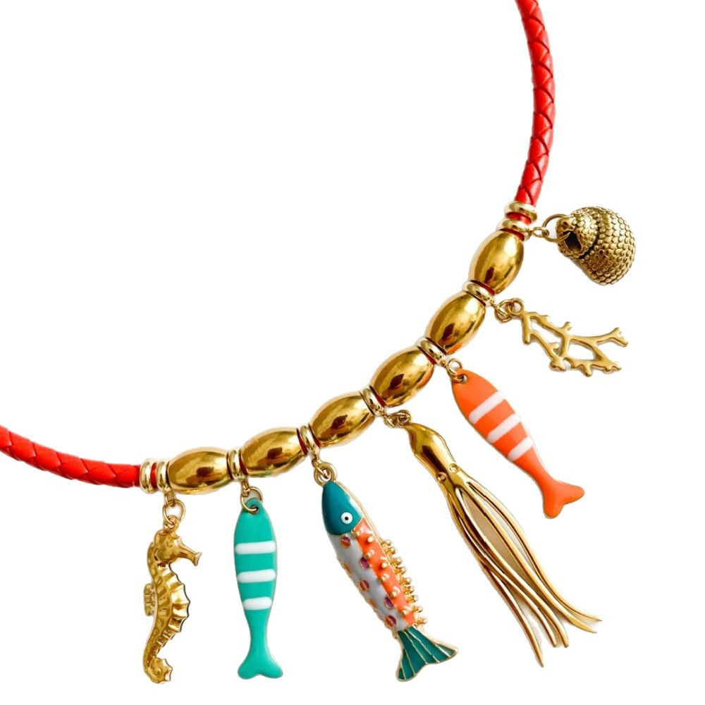 Collana con ciondolo a forma di polpo, cavalluccio marino, conchiglia e pesce pagliaccio in acciaio inossidabile placcato