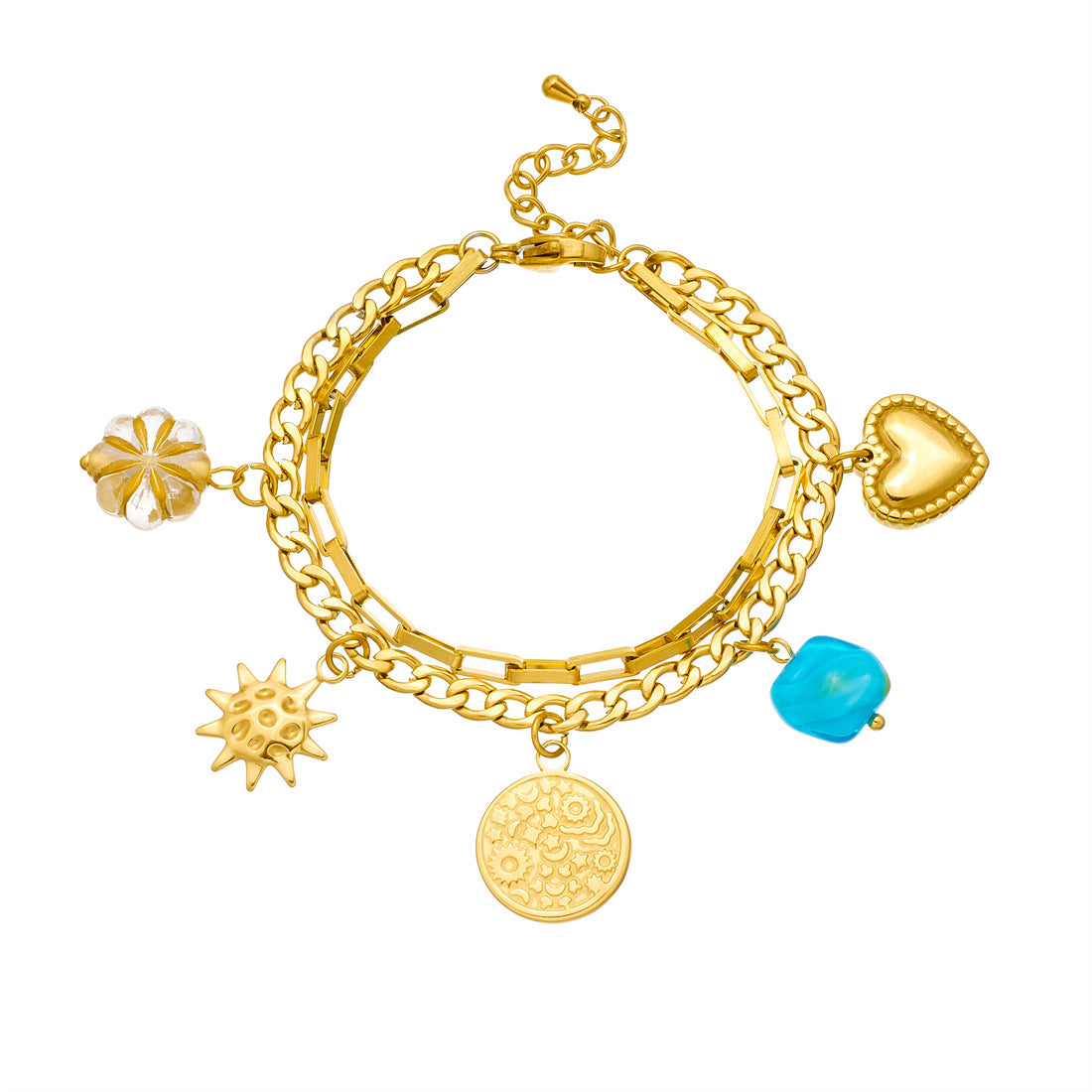Minimalist Elegant Floral Heart Geometric Plated Stainless Steel Double Layer Bracelet for Women