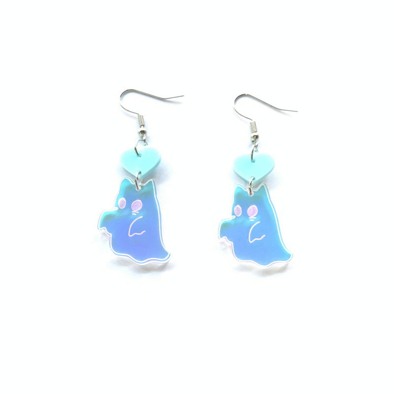 Lindos aretes acrílicos de gato fantasma de Halloween con colores de caramelo y efecto iridiscente