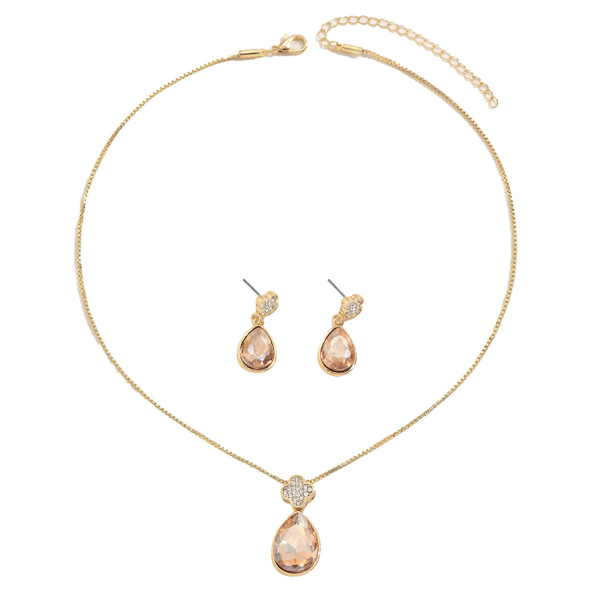Geometric Waterdrop Pendant Necklace and Earrings Set for Women in Alloy with Rhinestone Inlay, Minimalist and Fresh Sweet Style