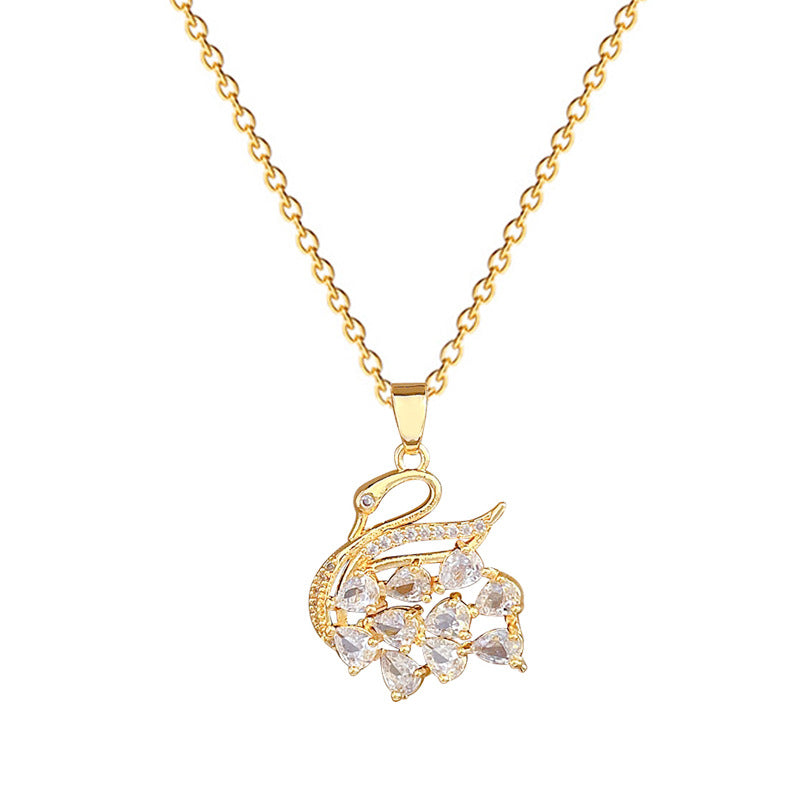Sweet Geometric Rhinestone Swan Pendant Necklace Titanium Steel Cable Chain for Women and Men