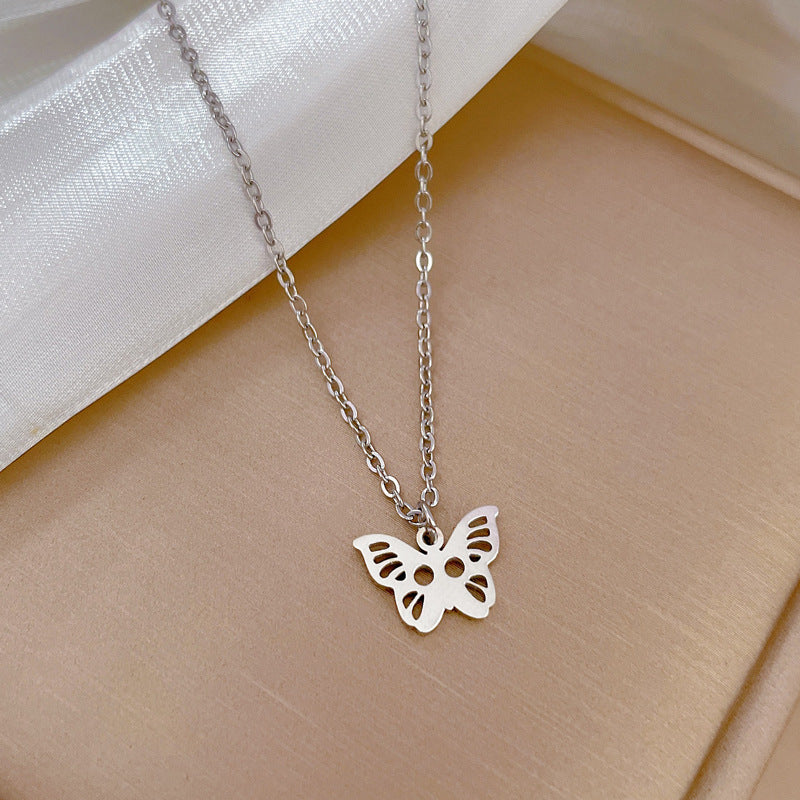 Minimalist Butterfly Pendant Necklace for Women in Titanium Steel with Gold Plating and Geometric Design