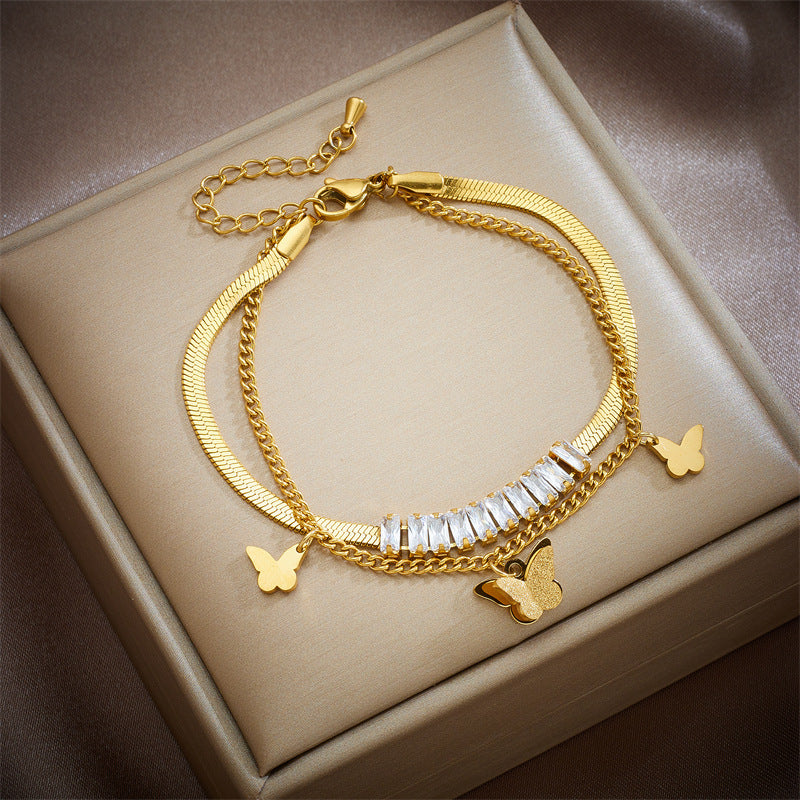 Minimalist Vintage-Inspired Double-Layer Bracelet with Stainless Steel Chain, Pearl Round Pendants, Star and Butterfly Charms