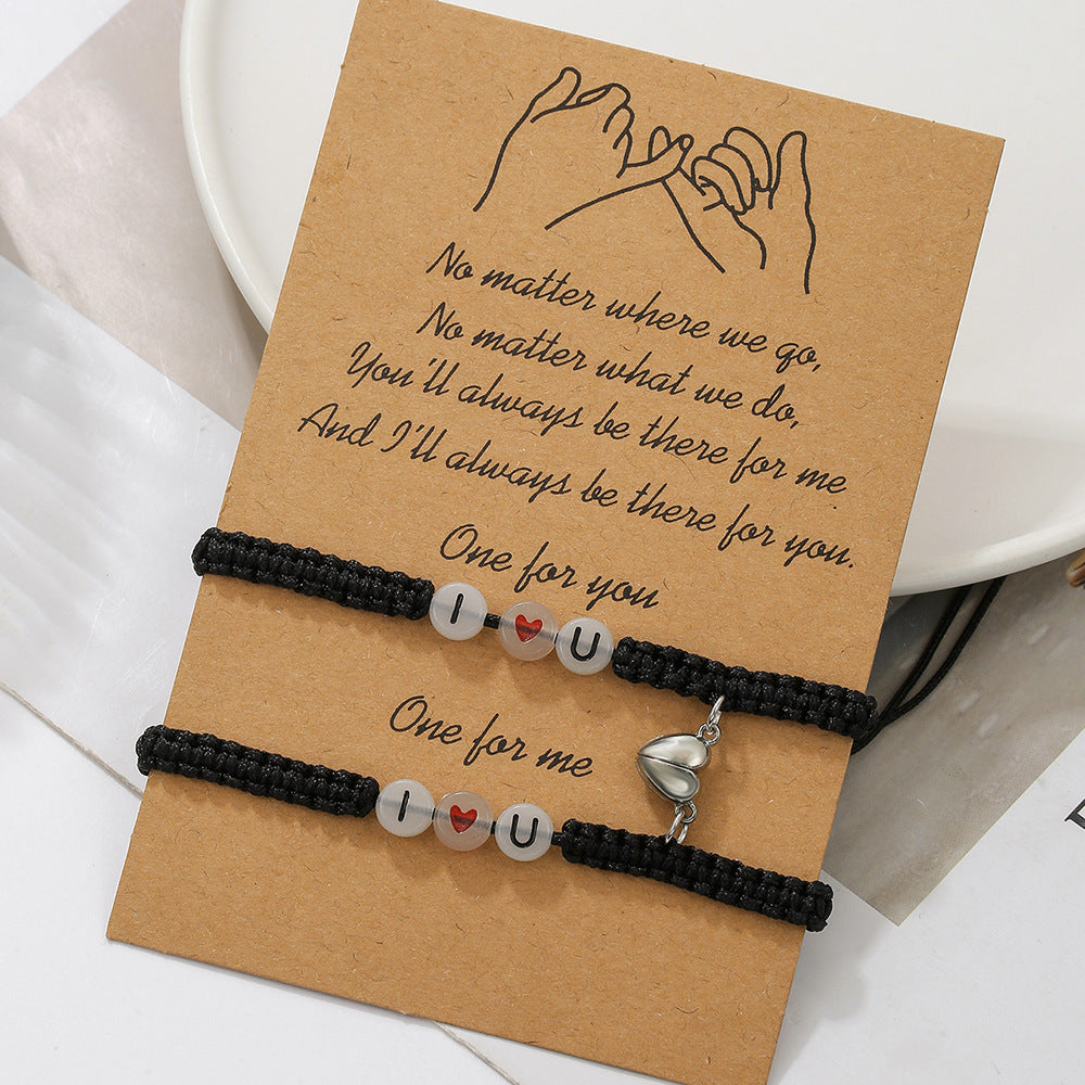 Glow-in-the-Dark I LOVE YOU Letter Bracelet with Magnetic Clasp Heart-Shaped Friendship Bracelet for Couples