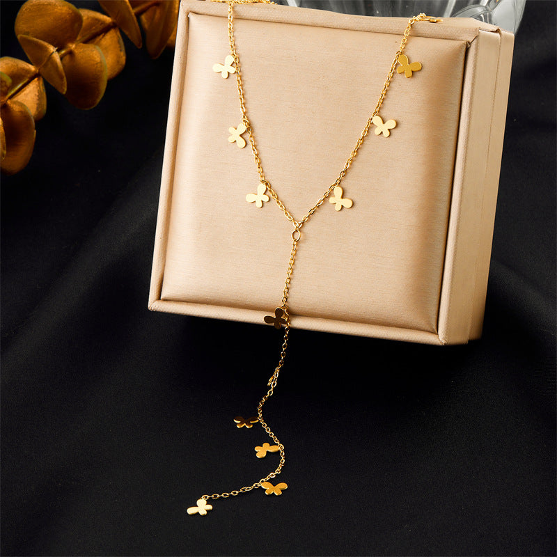 Minimalist Gold Plated Stainless Steel Heart Floral Butterfly Y-Chain Necklace for Women