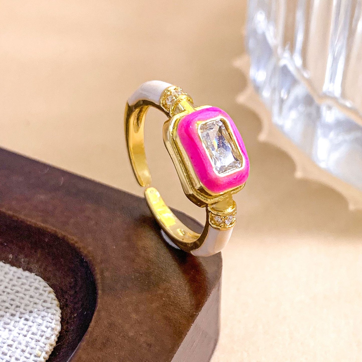 Sweet Geometric Square Gold Plated Brass Ring with Cubic Zirconia and Enamel Drip Oil Design for Women