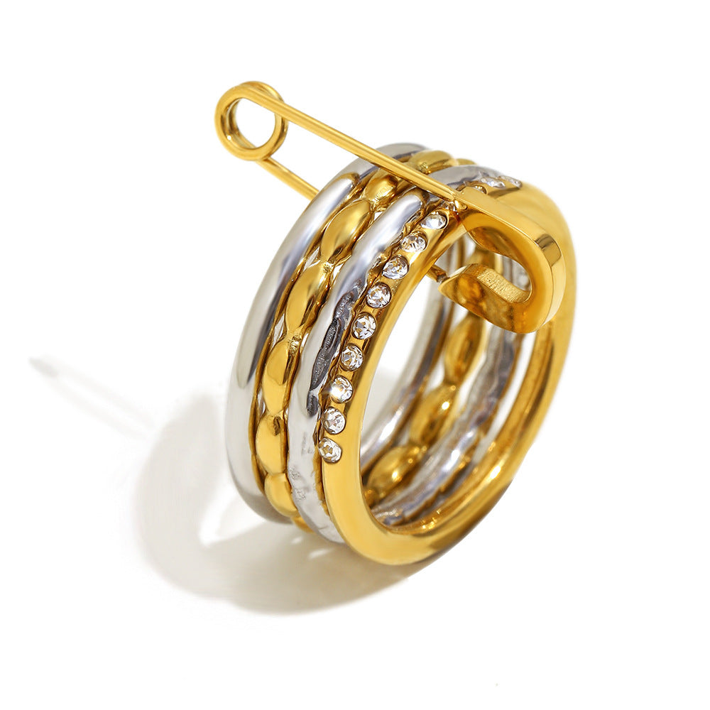 Minimalist Geometric Stainless Steel Ring with 18K Gold Plating for Women, Stackable Four-Layer Pin-Style CZ Ring