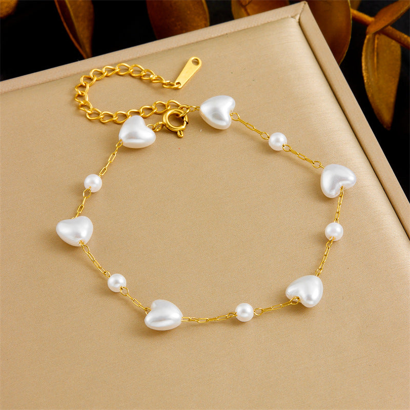 Vintage Elegant Heart Teardrop Pearl Plated Stainless Steel Necklace Bracelet Set for Women
