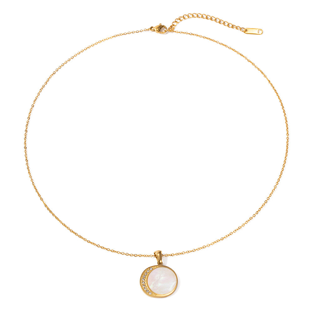 Trendy Geometric Sun and Moon Pendant Necklace with Shell and Zircon, 18K Gold Plated Stainless Steel Chain for Women