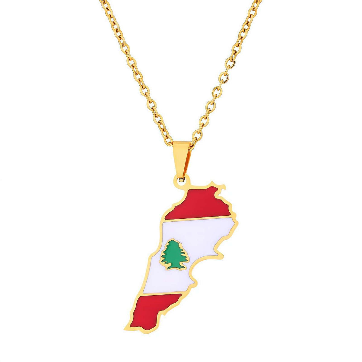 Minimalist Geometric Lebanon Map and Flag Pendant Necklace in Titanium Steel with Enamel Finish for Unisex