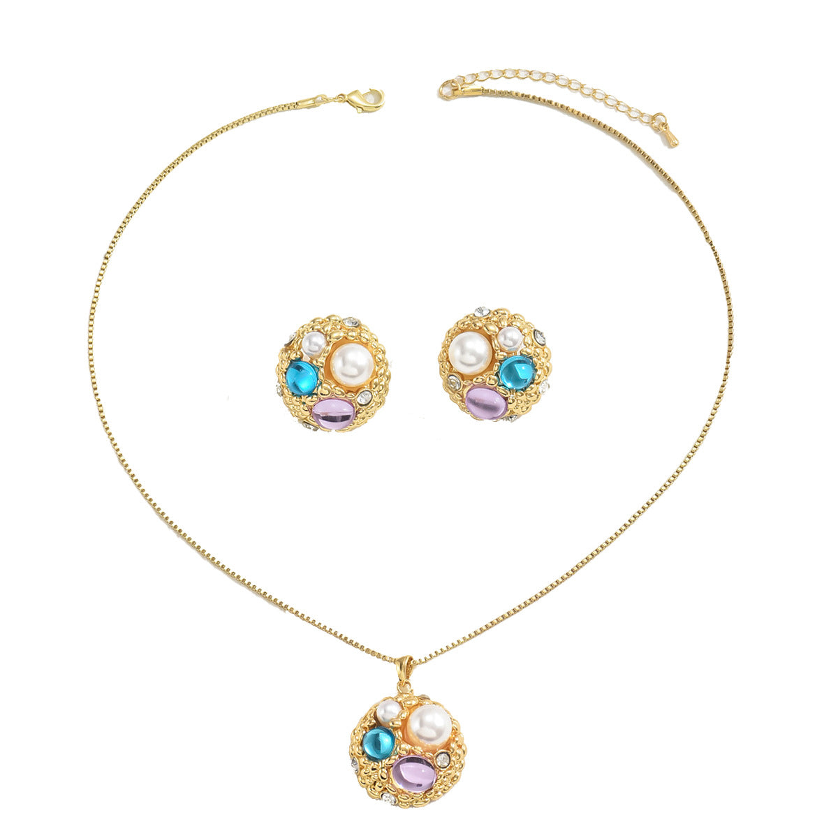 Conjunto de collar y pendientes de cobre irregular geométrico estilo bosque minimalista con incrustaciones de piedras preciosas sintéticas bañadas en oro