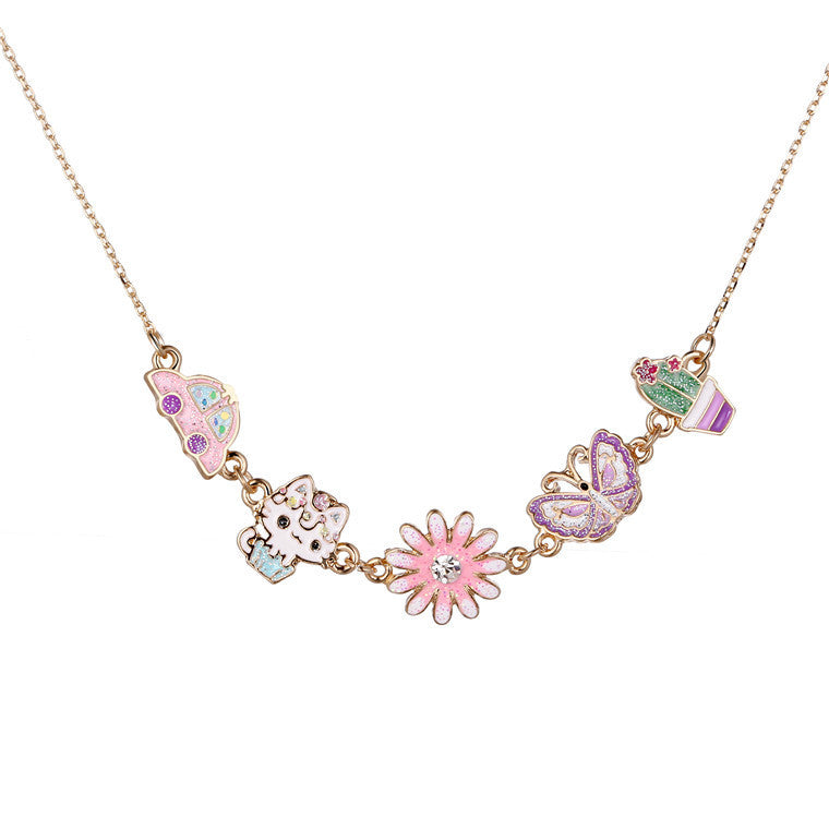 Princess Style Floral Cat and Butterfly Pendant Necklace for Kids Alloy Chain with Enamel Finish