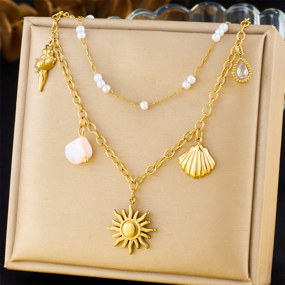 Sweet Ocean-Inspired Stainless Steel Double Layer Necklace with Seashell and Star Pendant for Women