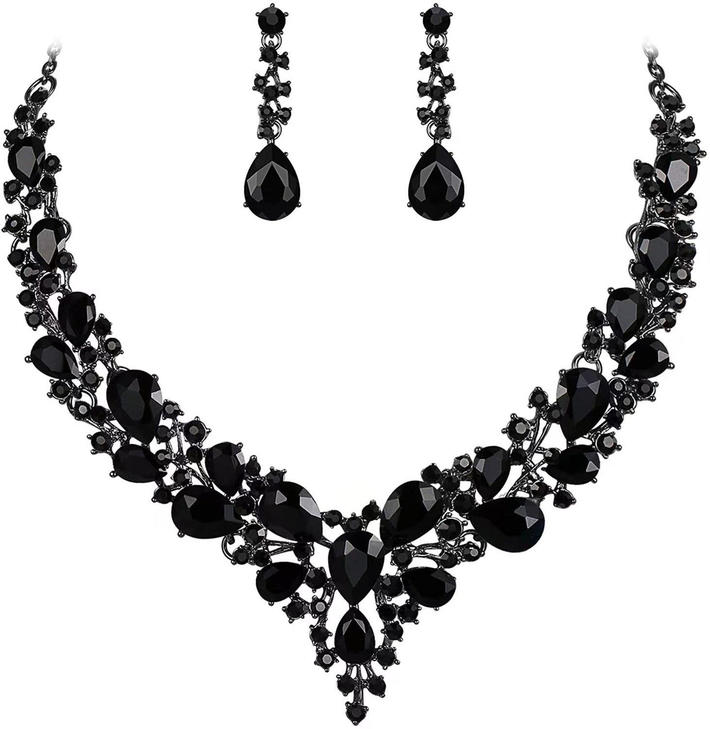 Elegant Waterdrop Floral Pattern Rhinestone Pendant Necklace Earrings Bracelet Set for Women with Alloy Base and Plated Finish