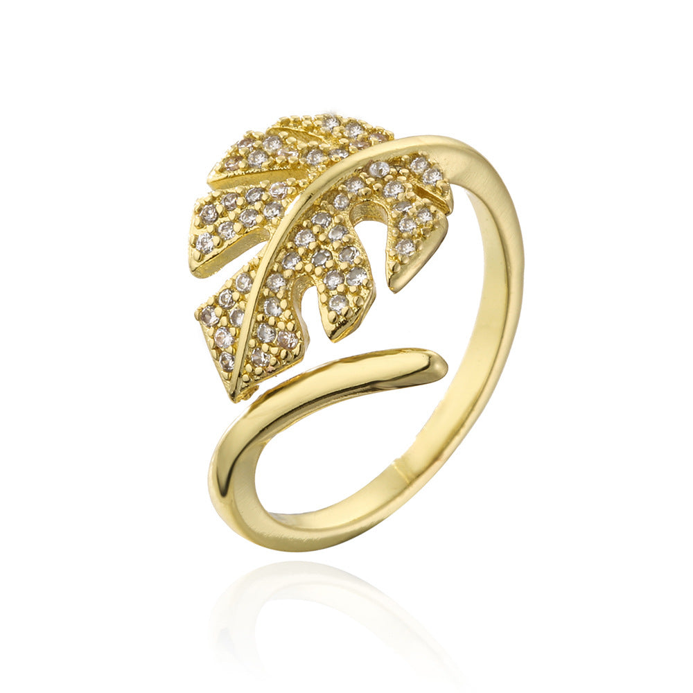 Minimalist 18K Gold Plated Copper Zircon Leaf Geometric Open Ring for Women