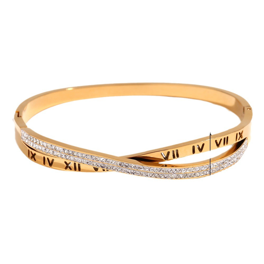 Minimalist Geometric Stainless Steel Plated 18K Gold Cross-Set Rhinestone Bracelet for Women