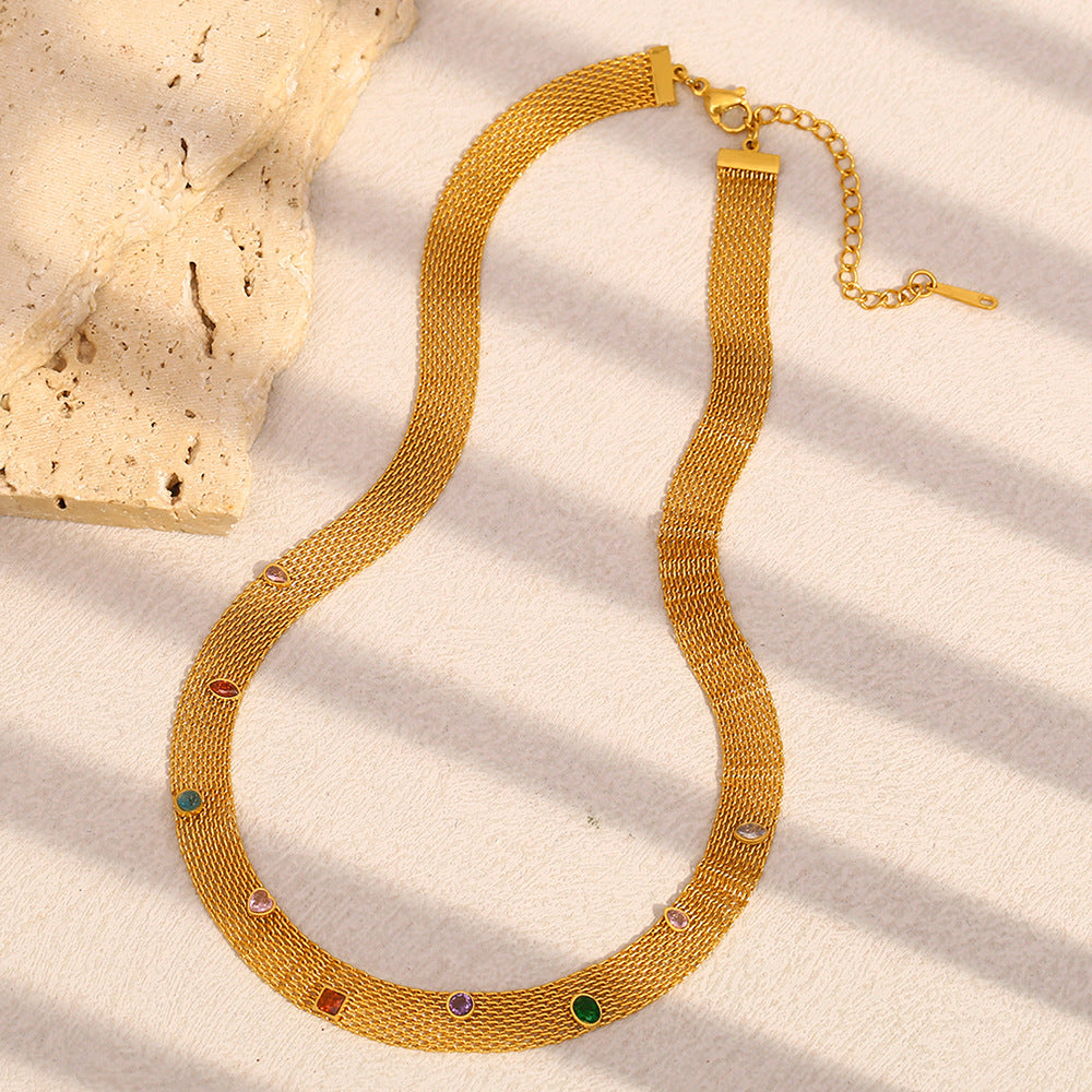 Fashionable Geometric Stainless Steel Plated 18K Gold Necklace with Colorful Zircon Pendant for Women