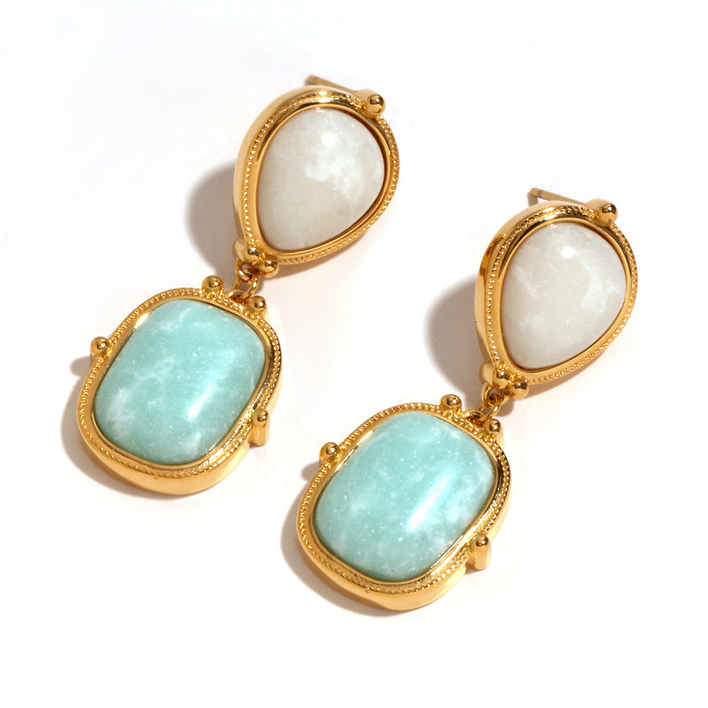 Geometric French-Inspired Fashion Earrings in Titanium Steel with 18K Gold Plating and Natural Lapis Lazuli Accents