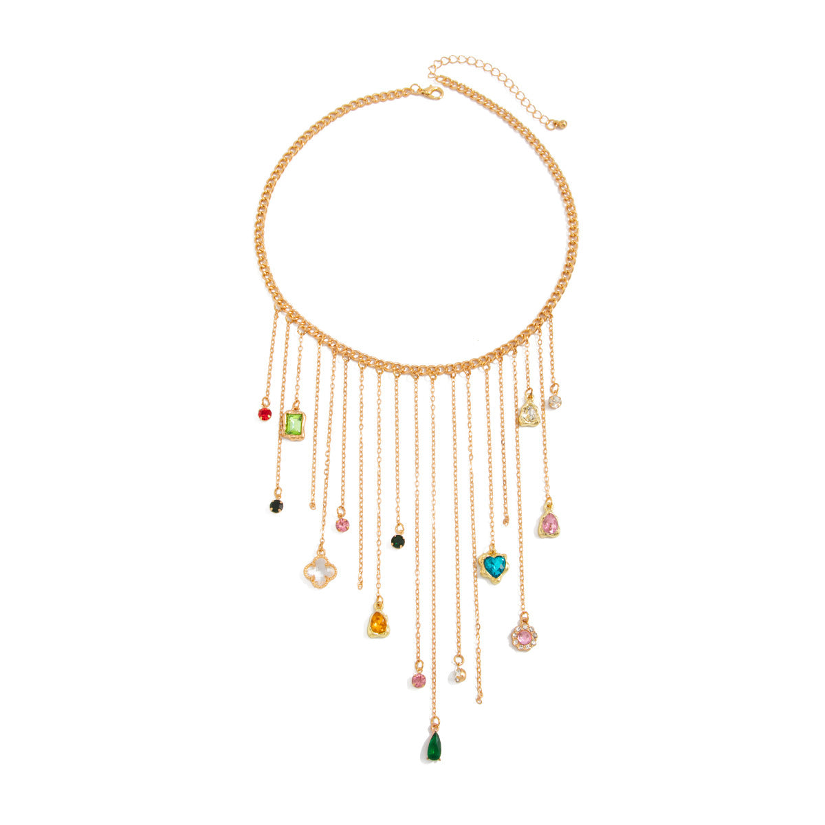 Sweet Elegant Heart Shape Gemstone Inlaid Acrylic Pendant Plated Alloy Necklace with Tassel for Women