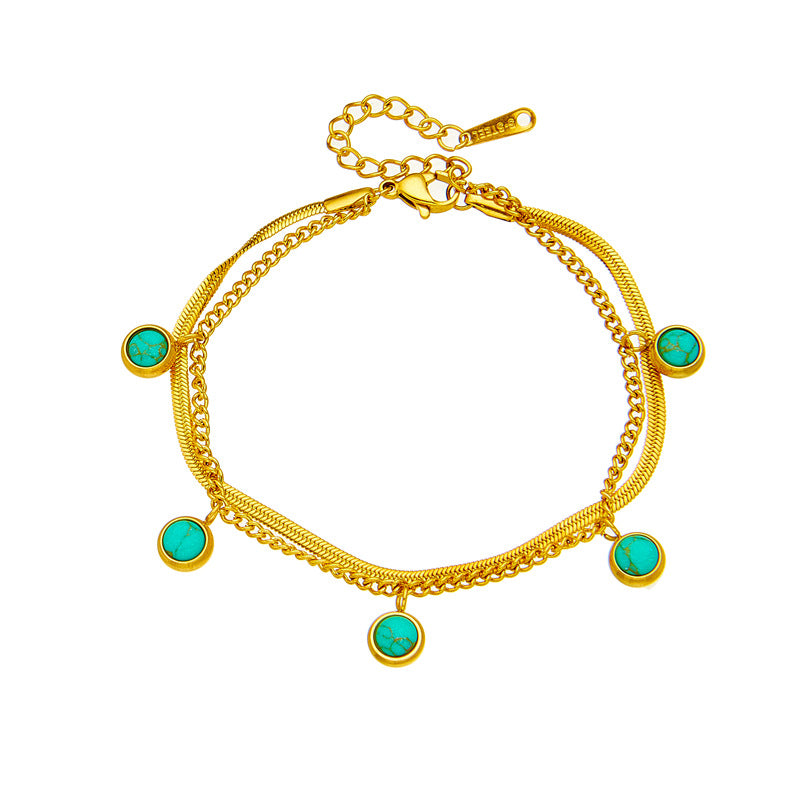 Vintage Minimalist Titanium Steel Double-Layer Turquoise Pendant Bracelet with Plated Finish