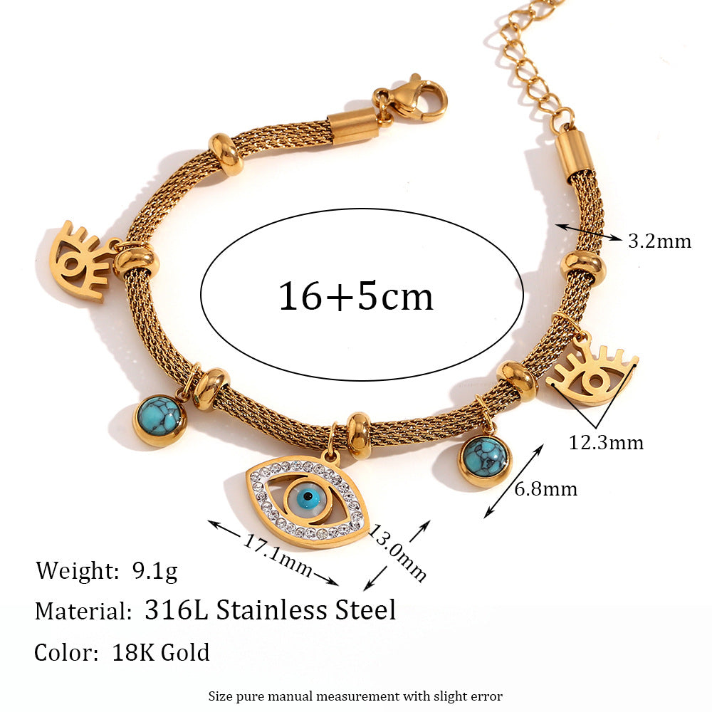 Bracciale a maglie in acciaio inossidabile placcato oro 18 carati con ciondolo a forma di occhio geometrico alla moda e collana con accento turchese da donna