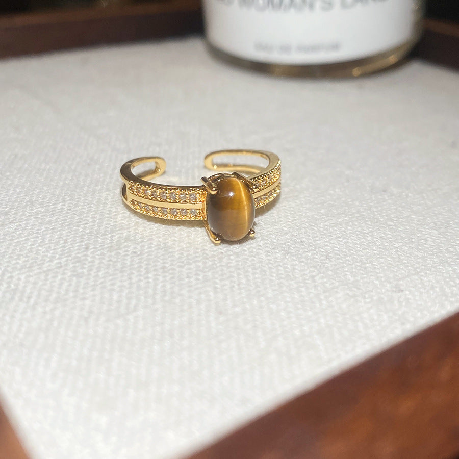 Anello da dito da donna in stile vintage con occhio di tigre geometrico ispirato alla melanina e intarsio in zircone