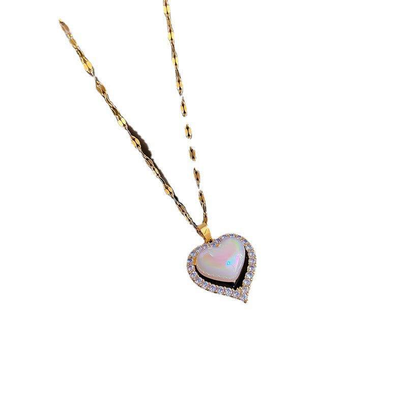 Luxury Titanium Steel Micro-Paved Zircon Heart Necklace with Geometric Design for Women, Adjustable Chain up to 50cm