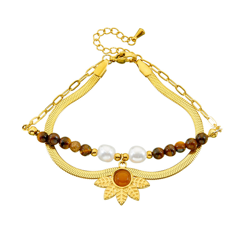 Vintage Tiger Eye Agate Beaded Double Layer Floral Stainless Steel Bracelet for Women