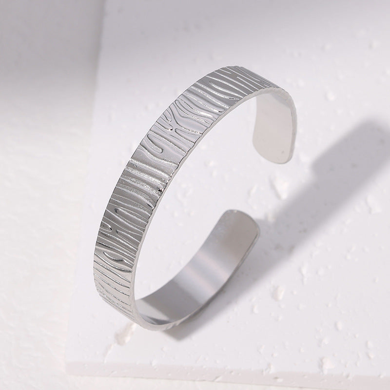 Minimalist Embossed Open Cuff Bracelet 18K Gold Plated Stainless Steel Women